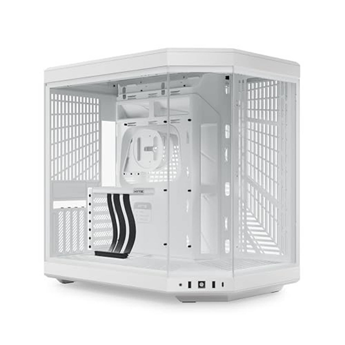 Snow white panoramic glass PC case with front mesh and hexagonal cutouts