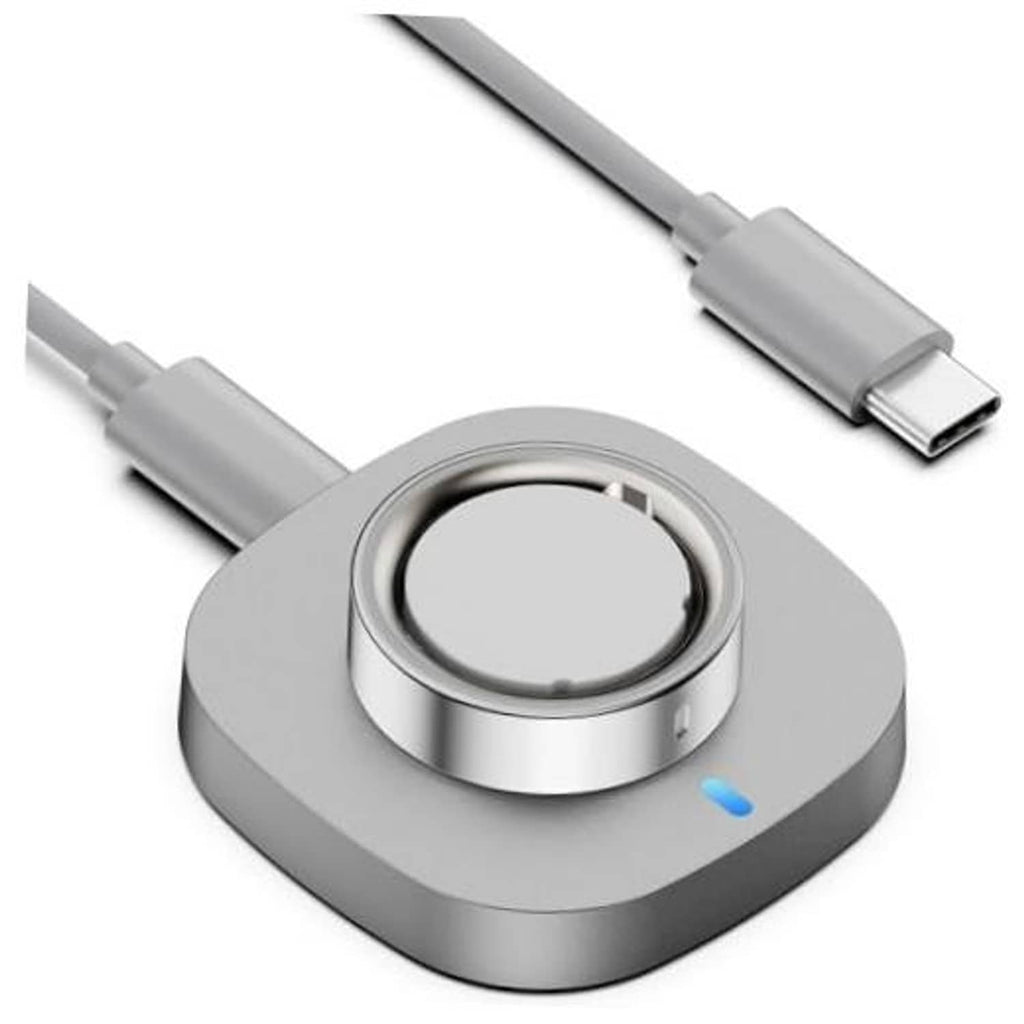 Gray charging dock with metal ring cradle and USB-C cable connector