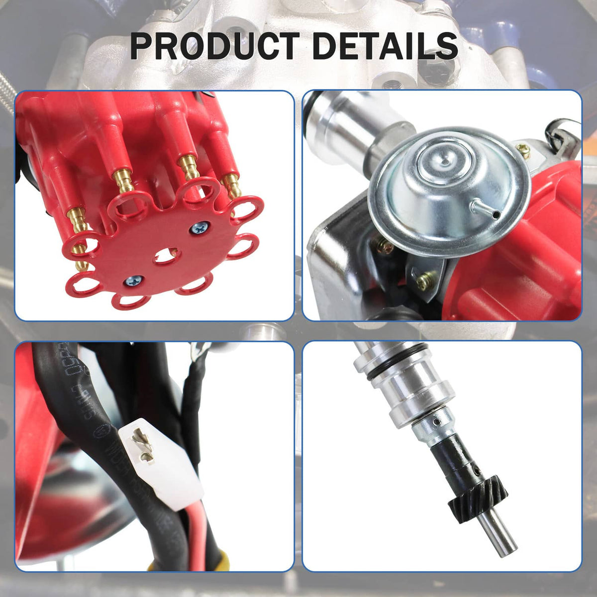 Small HEI distributor and red spark plug wire set close-up details