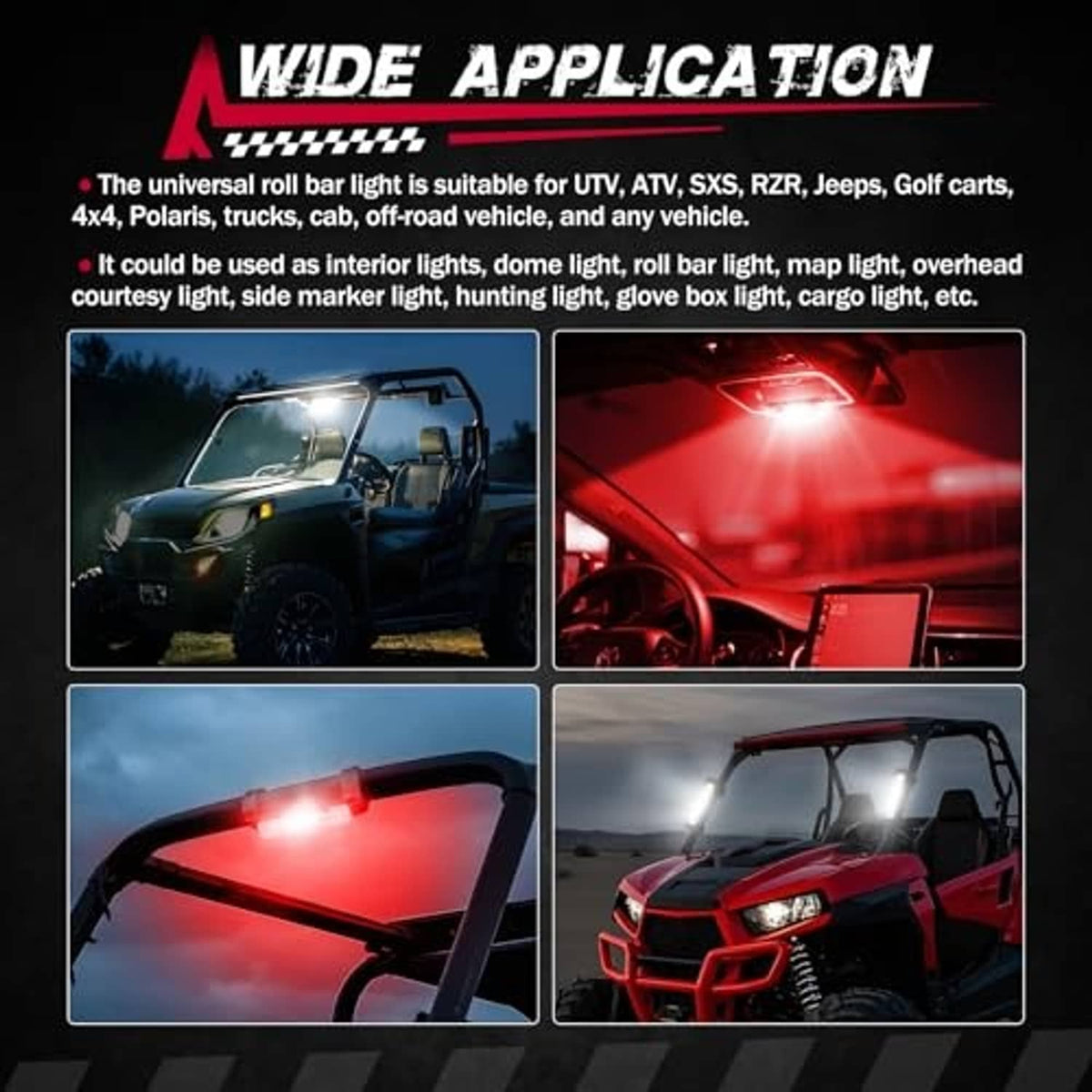 UTV roll bar dome light with red LED glow through clear lens for roll bar mounting