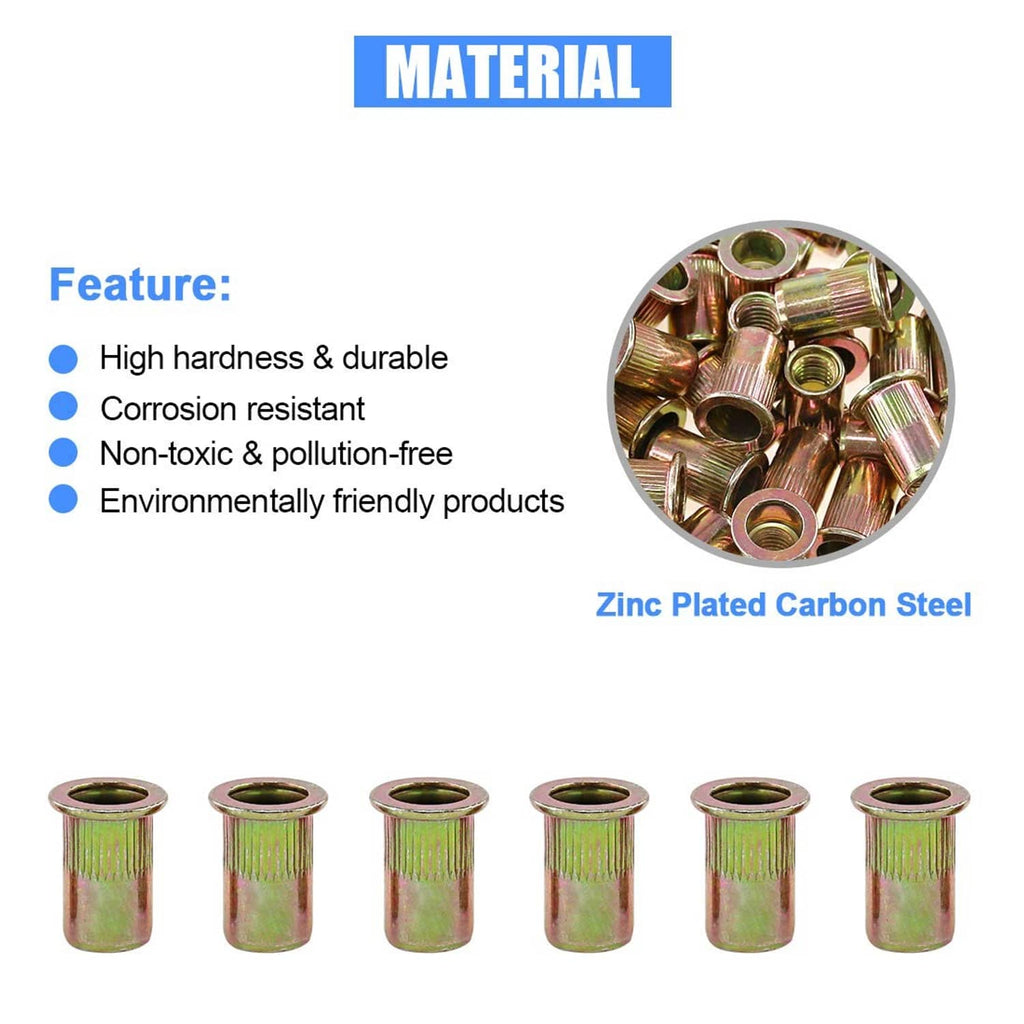Zinc-plated carbon steel flat-head rivet nuts, corrosion-resistant threaded inserts