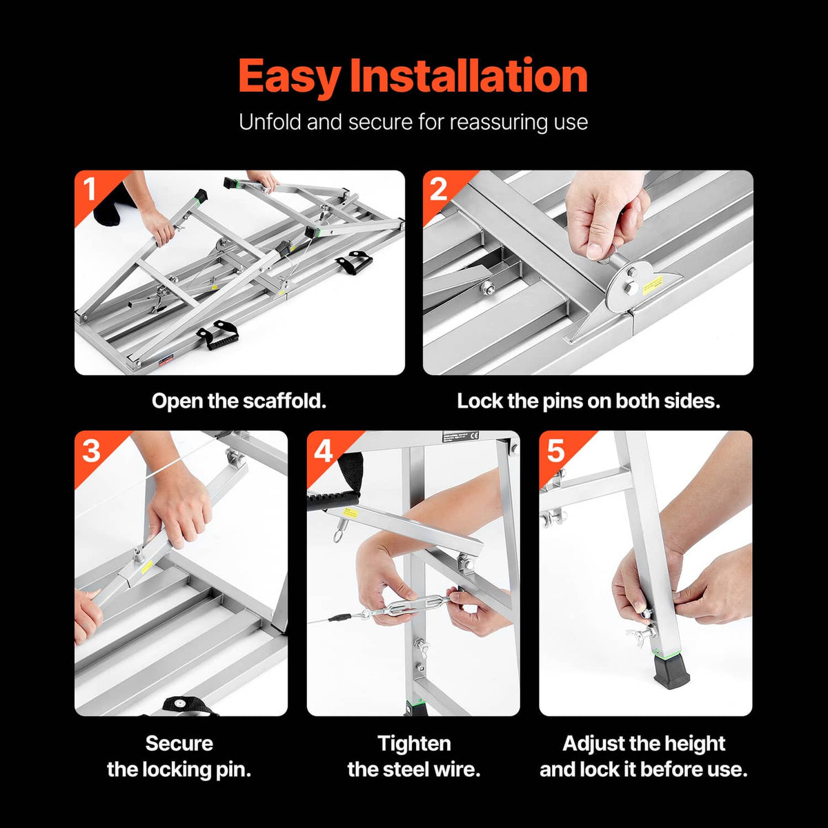 Portable scaffolding platform with locking pins, adjustable legs, and secure frame rails