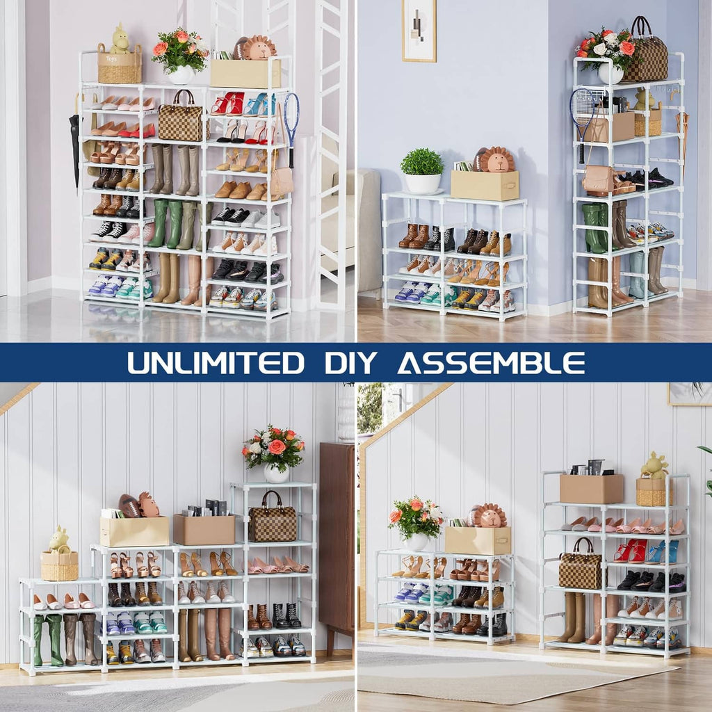 Tall white 9-tier shoe rack organizer with open tiers for shoes and boots