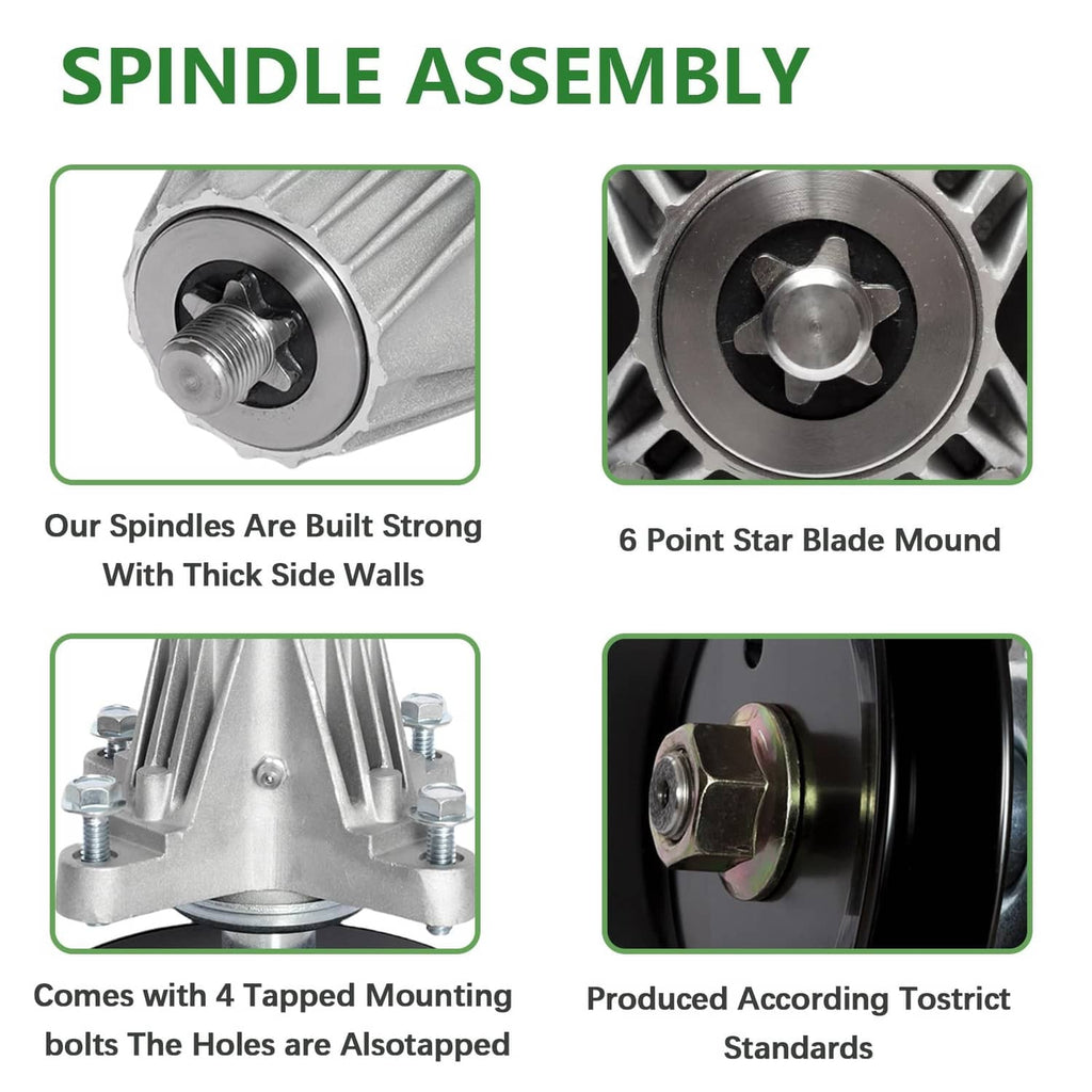 Mower spindle assembly product views showing silver housing and black pulley wheel