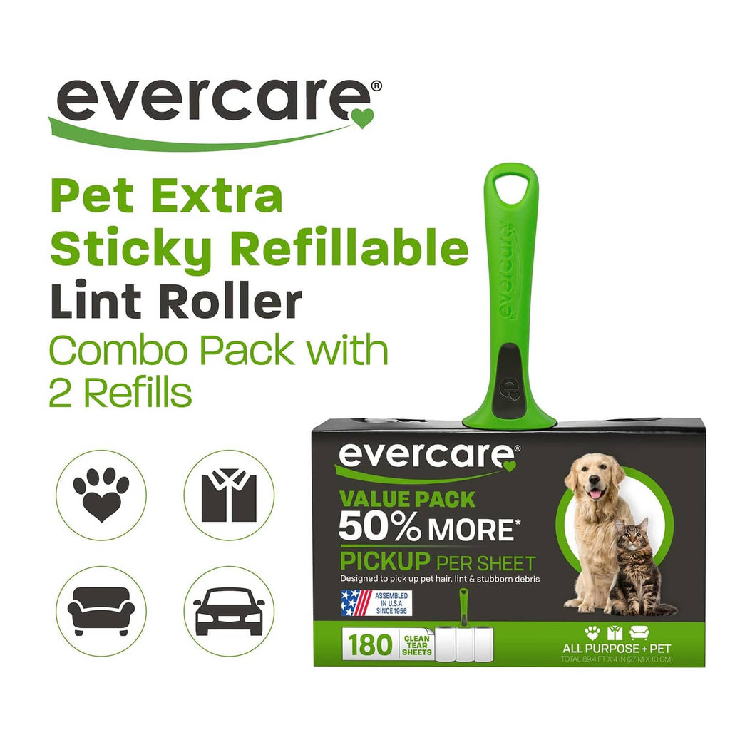 Evercare Pet Extra lint roller combo pack with 2 sticky refills and green handle.