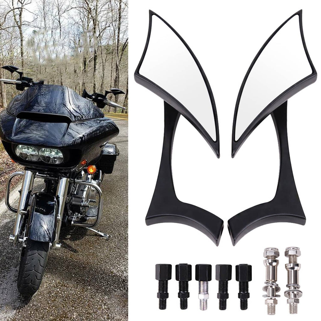 Motorcycle rearview side mirrors installed on touring bike, black pair with stems