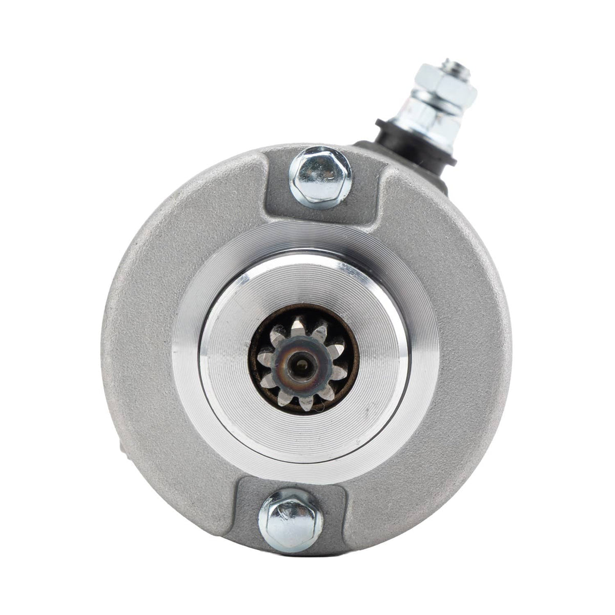 Starter motor front housing with central gear opening and four mounting bolts