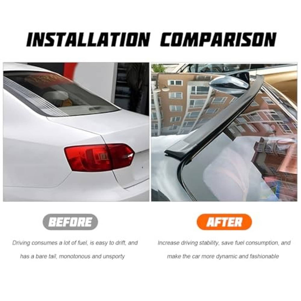 Car roof lip spoiler kit installed on vehicle roofline, bright black rubber strip