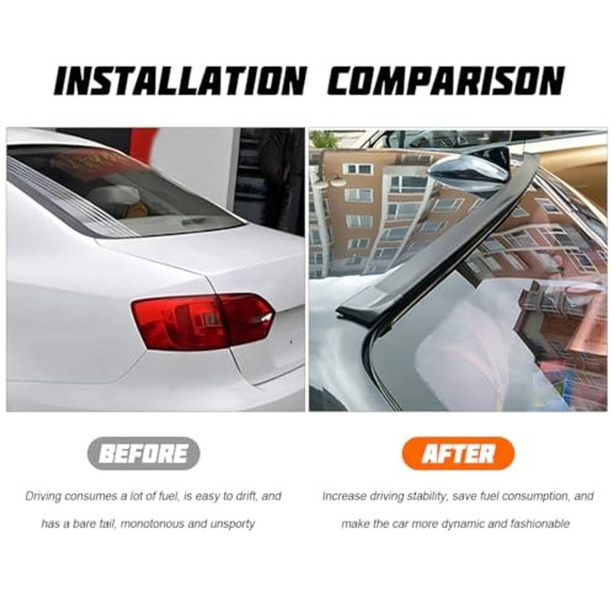 Car roof lip spoiler kit installed on vehicle roofline, bright black rubber strip