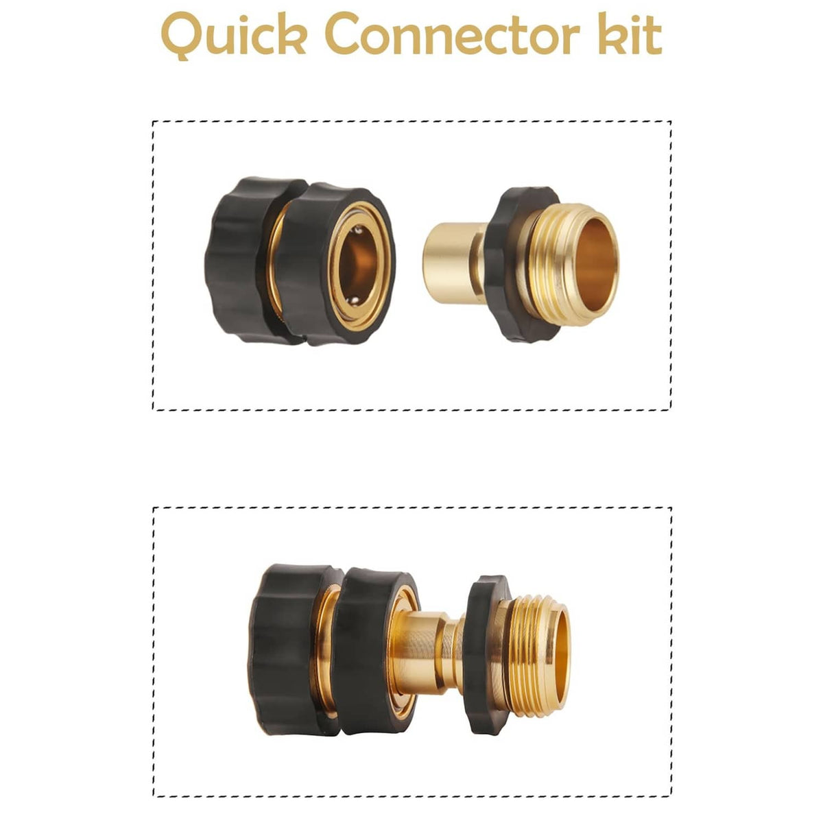 Quick connector kit with two black-and-brass hose couplings shown together