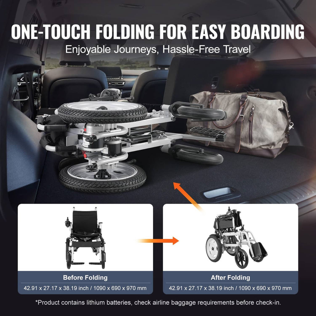 One-touch folding wheelchair base with footrests and wide seat, travel view