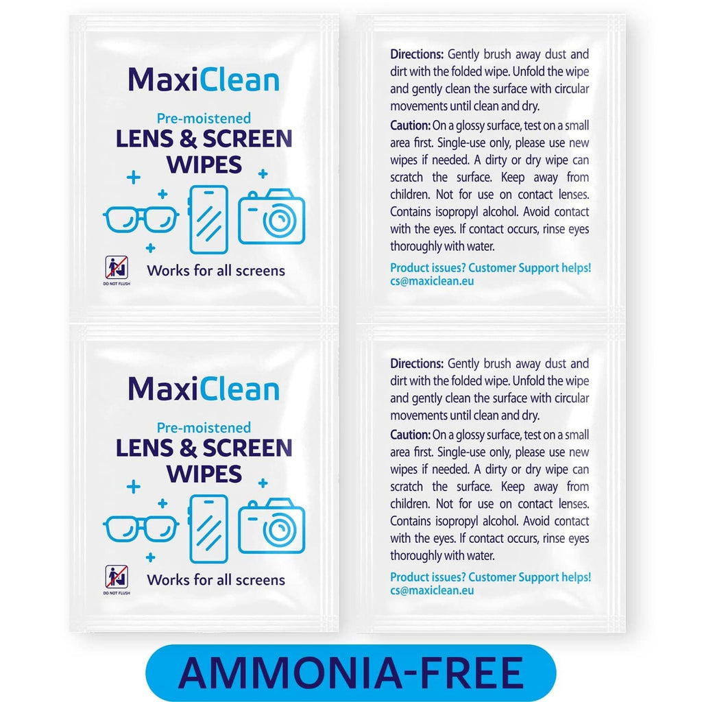 Ammonia-free pre-moistened lens & screen wipes package with usage directions