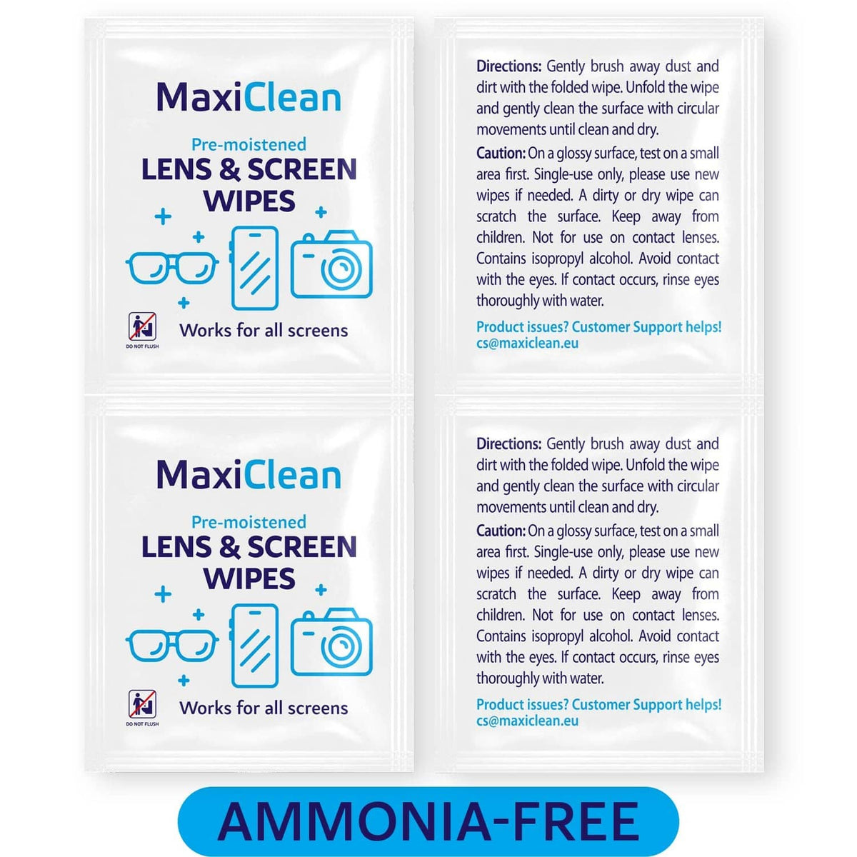 Ammonia-free pre-moistened lens & screen wipes package with usage directions