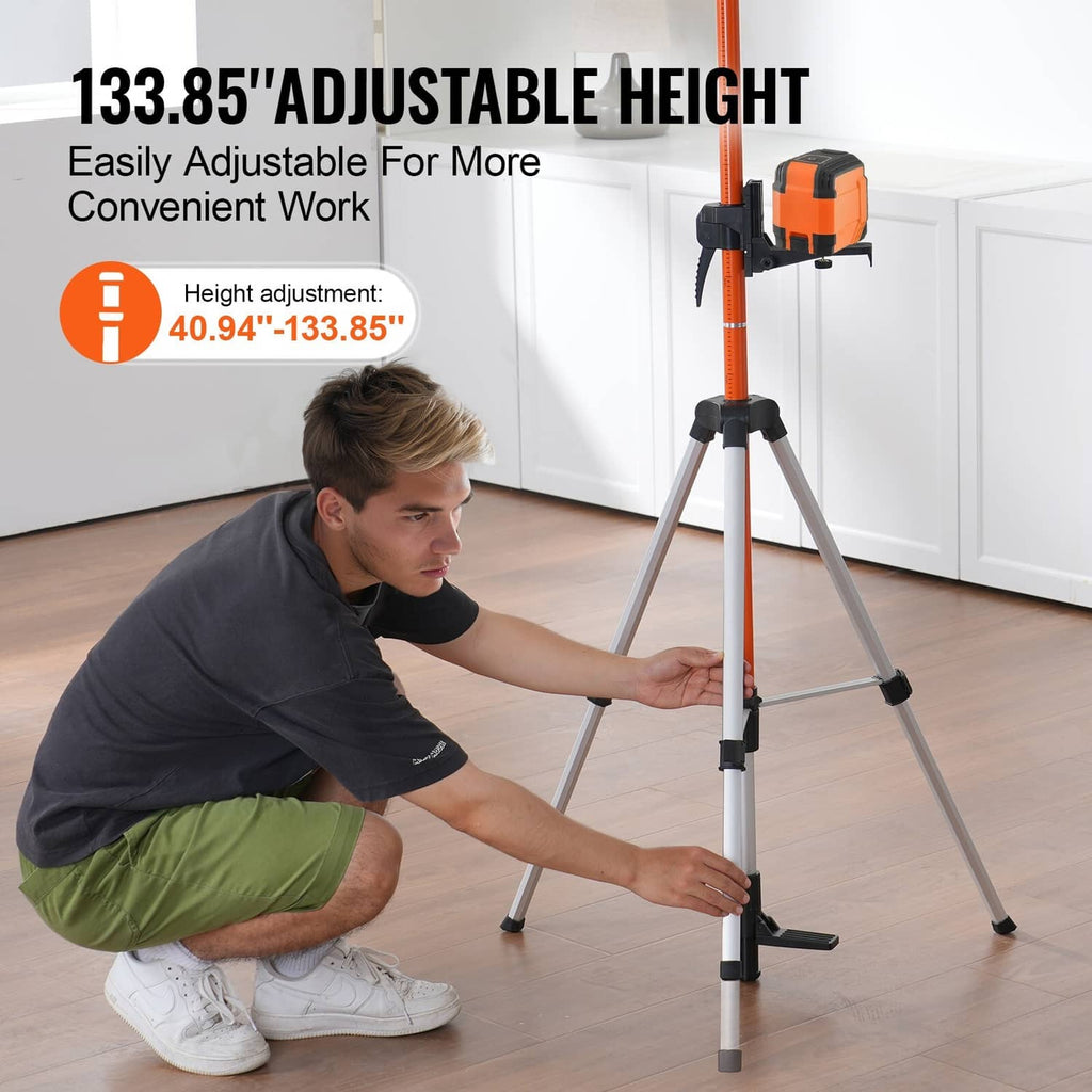 Adjustable height laser level tripod with orange column and silver tripod legs