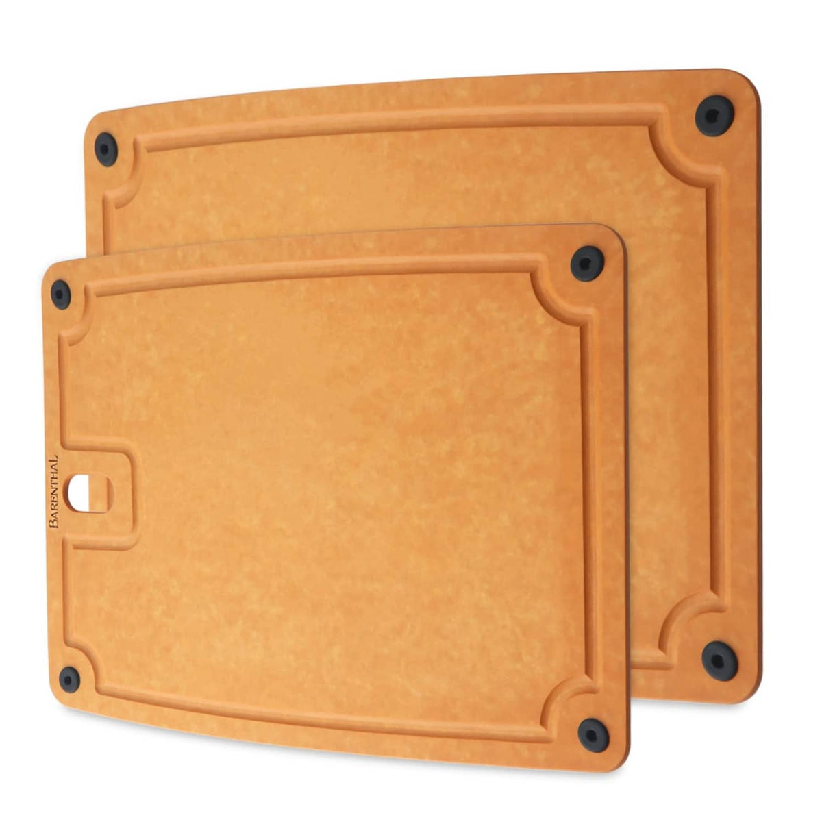 Tan composite cutting board set of 2 with rounded corners and corner grip holes