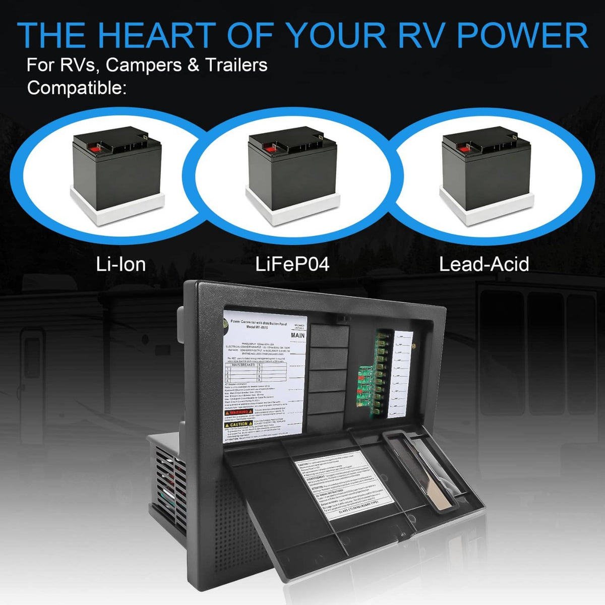 RV power converter with open front panel and internal wiring layout, black