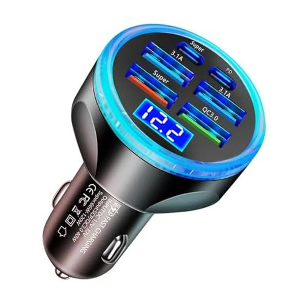 Black car USB C charger with blue-lit multiport panel and digital voltage display