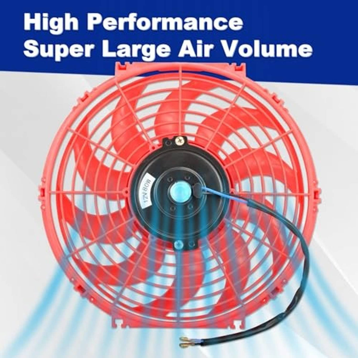 Red high-volume 12 inch cooling fan with black motor hub and blue center
