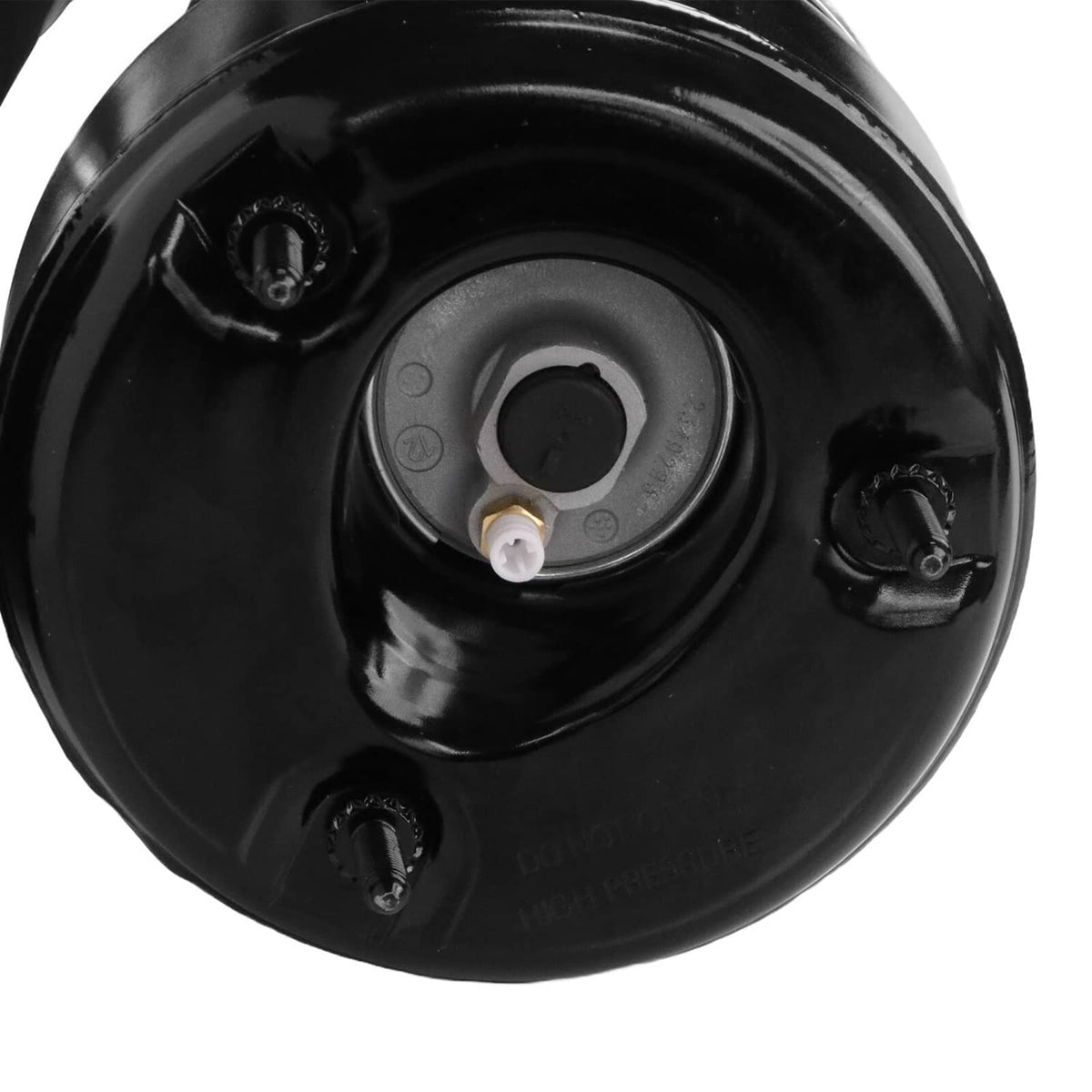 Black front air suspension strut top cap with central mounting port and bolts