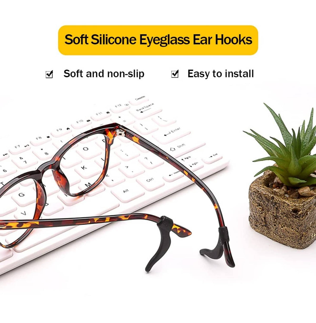 Black silicone eyeglass ear hooks installed on eyeglass temples, non-slip grips