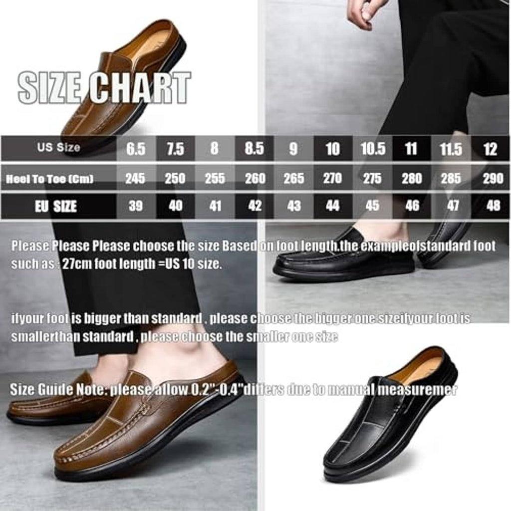 Brown leather slip-on mules with stitched vamp detail and cushioned black outsole