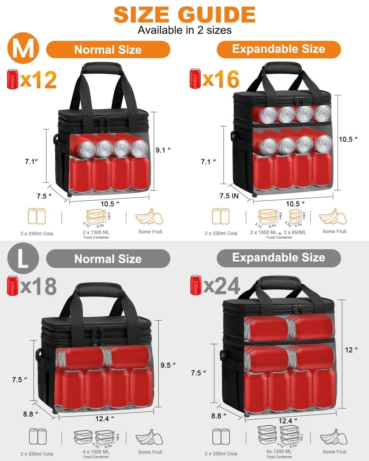 Black double-decker lunch box shown with normal and expanded capacity view.