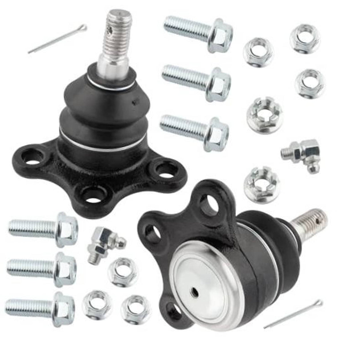 Upper ball joint with black rubber boot, flange mount, chrome bolts and nuts, set of 2