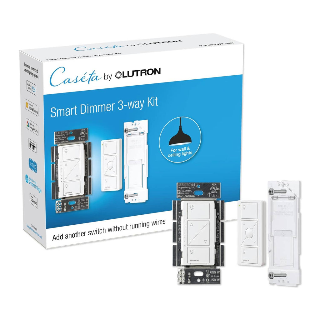 Lutron Caseta 3-way smart dimmer kit with wireless LED dimmer and remote, white packaging