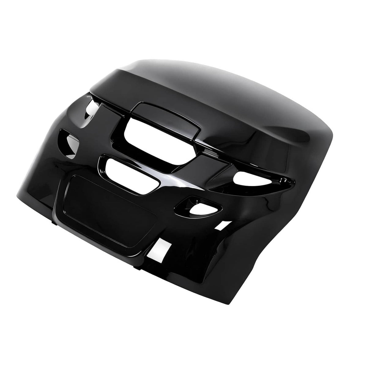 ABS outboard cowling airdam cap, black angled view showing rectangular and round cutouts