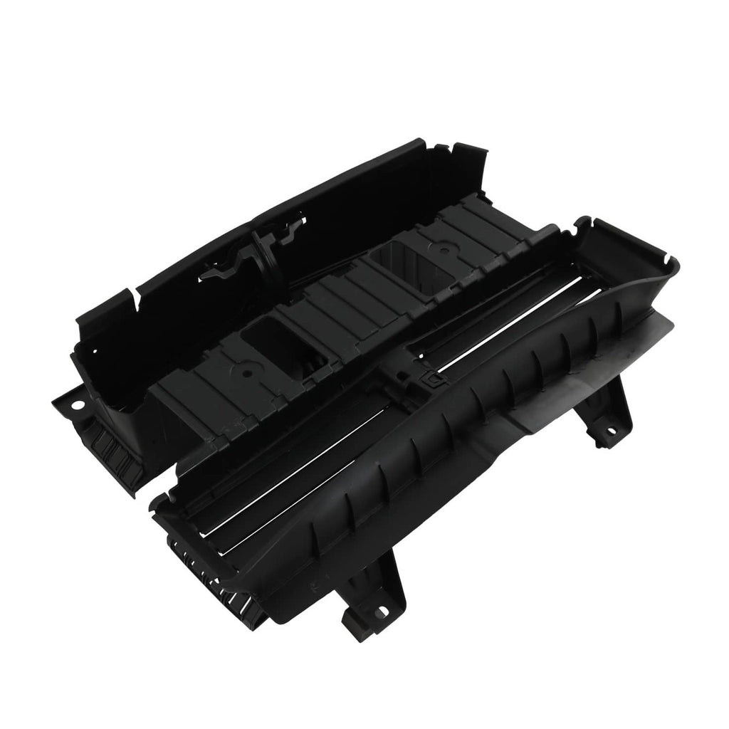 Radiator shutter assembly housing with motor, black plastic, open interior channels