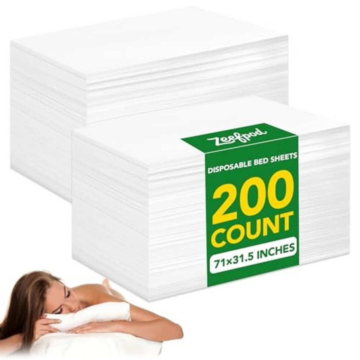 White disposable massage bed sheets stack with 200-count label, non-woven