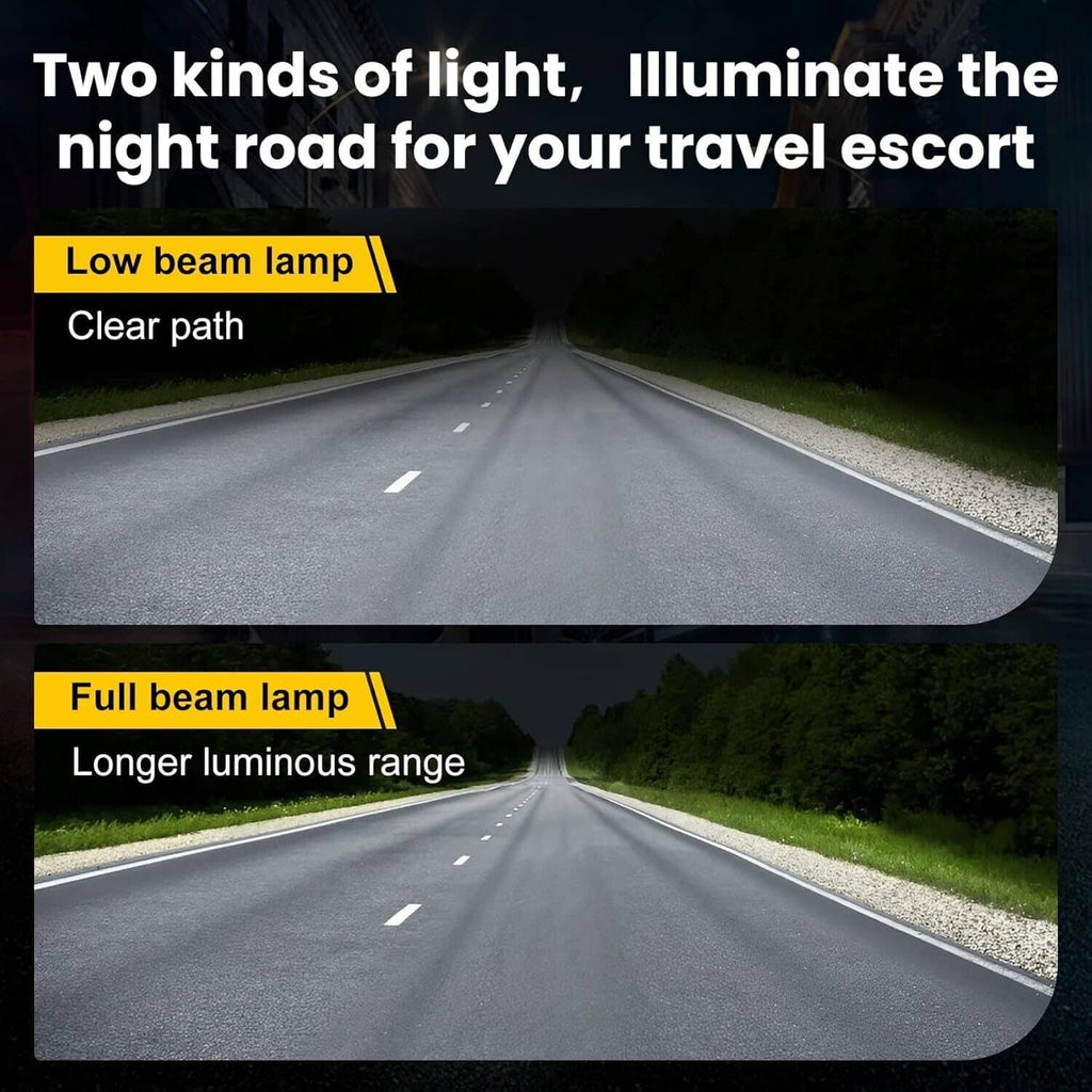 Low-beam light pattern from LED headlight bulbs illuminating a roadway