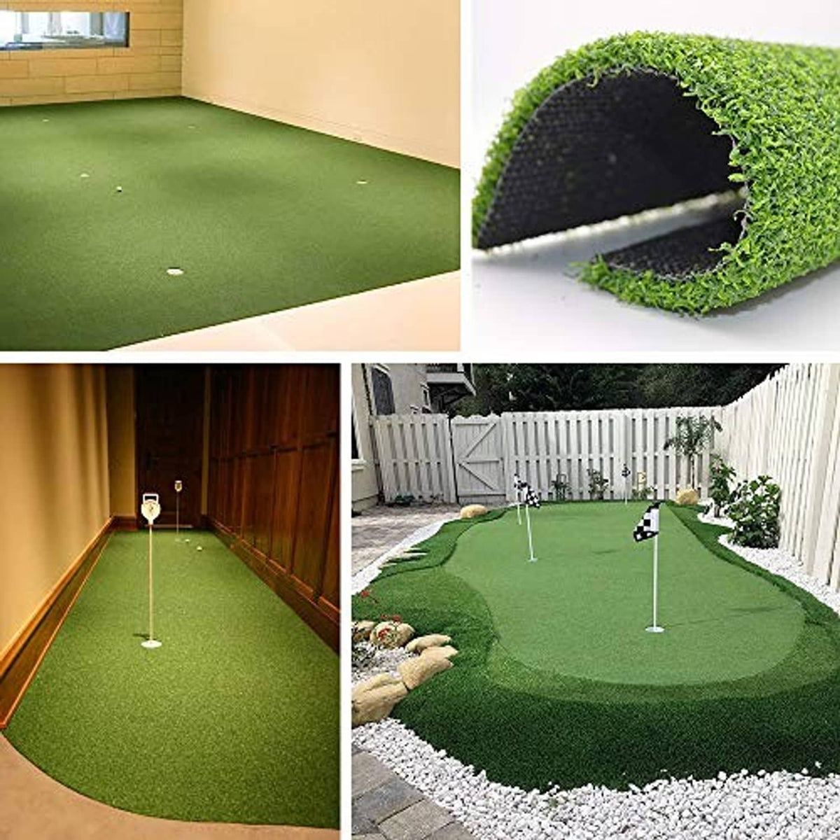 Artificial grass putting mat installed on indoor floor and outdoor lawn area