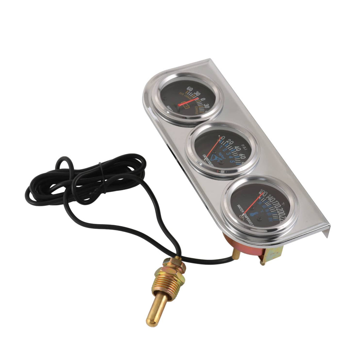 Triple gauge panel with black power leads and brass temperature probe