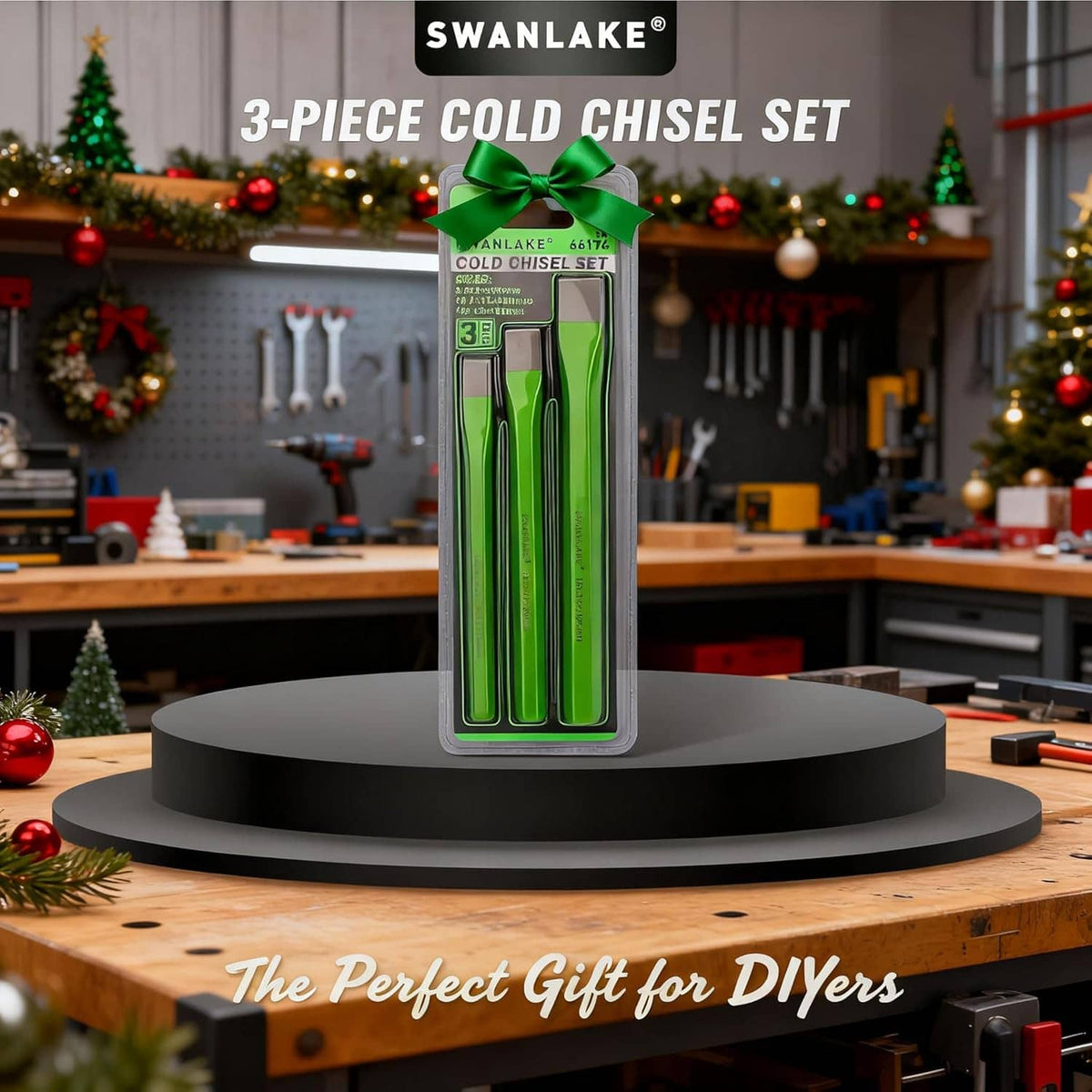SWANLAKE boxed 3-piece cold chisel set display on a shop workbench