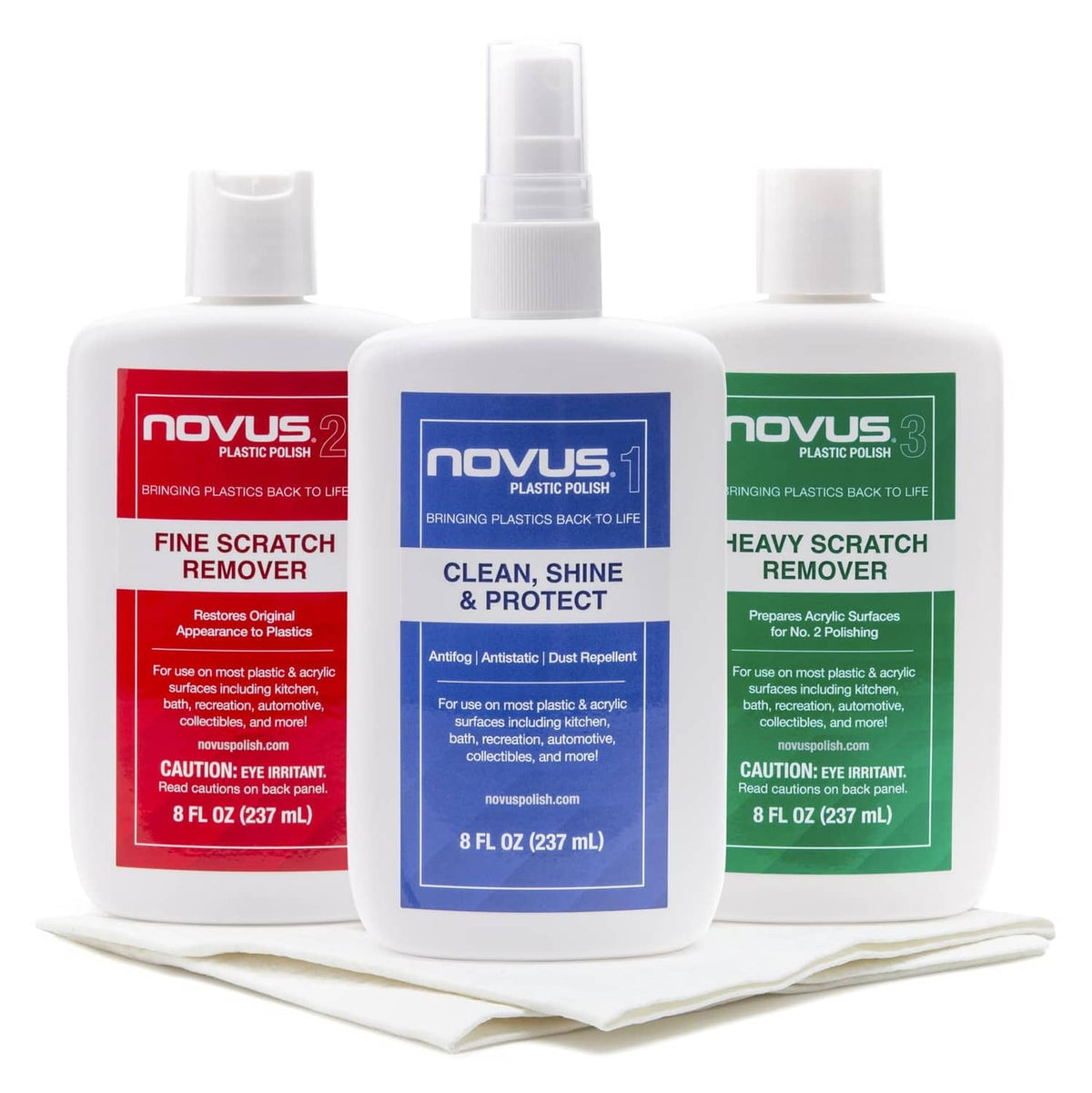 Plastic polish remover bottles set with cloth: fine scratch, clean & shine, heavy remover