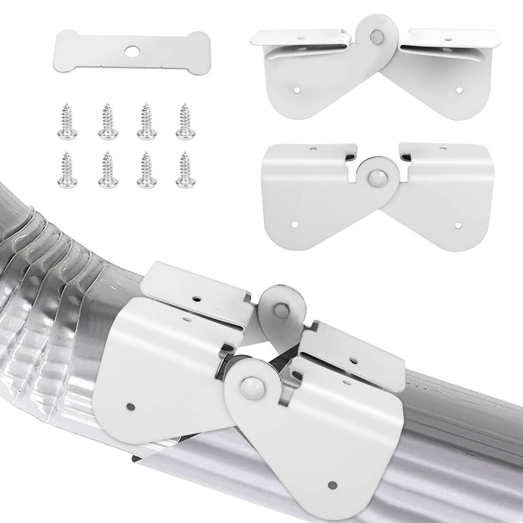 White flip-up gutter downspout hinge set with mounting screws and extension brackets