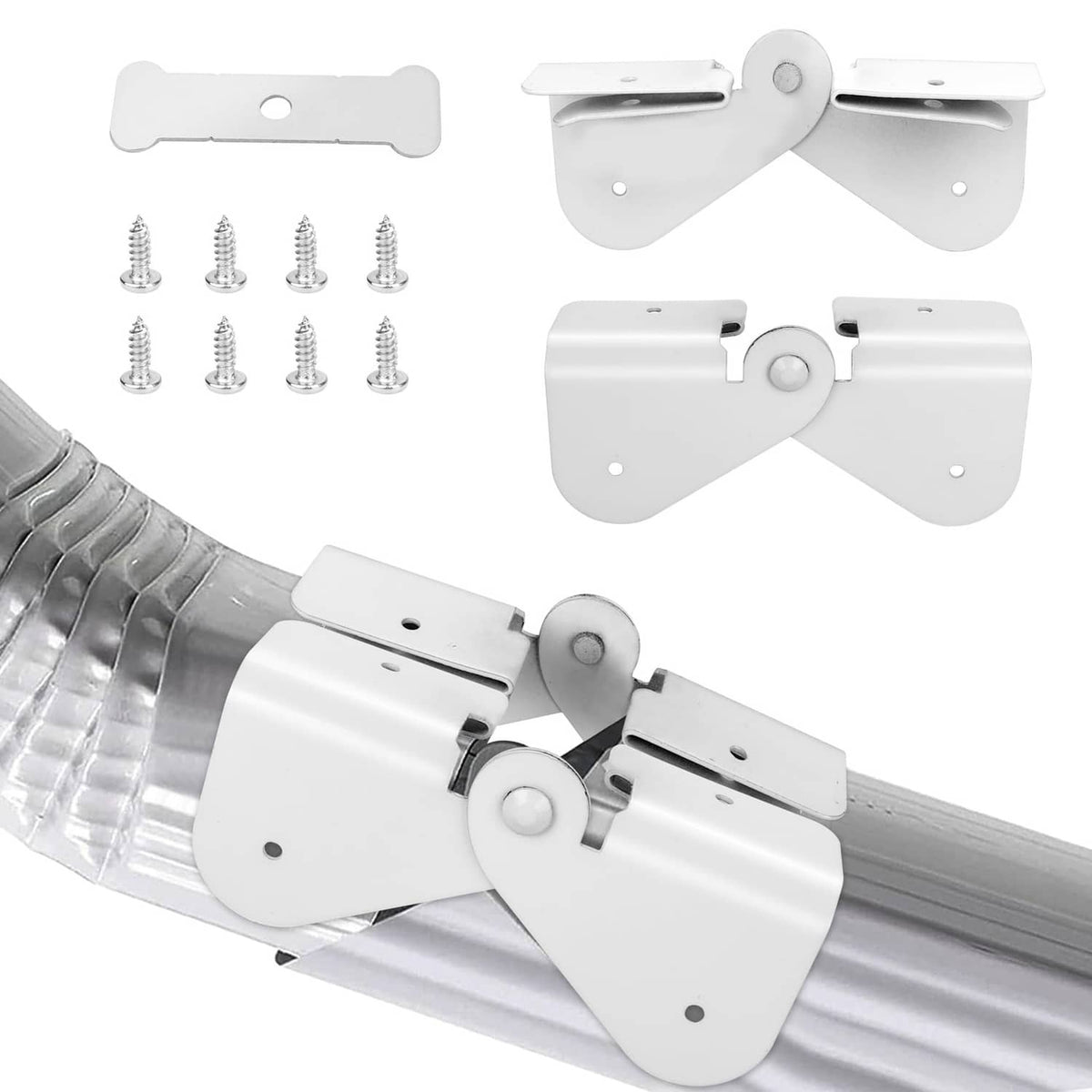 White flip-up gutter downspout hinge set with mounting screws and extension brackets