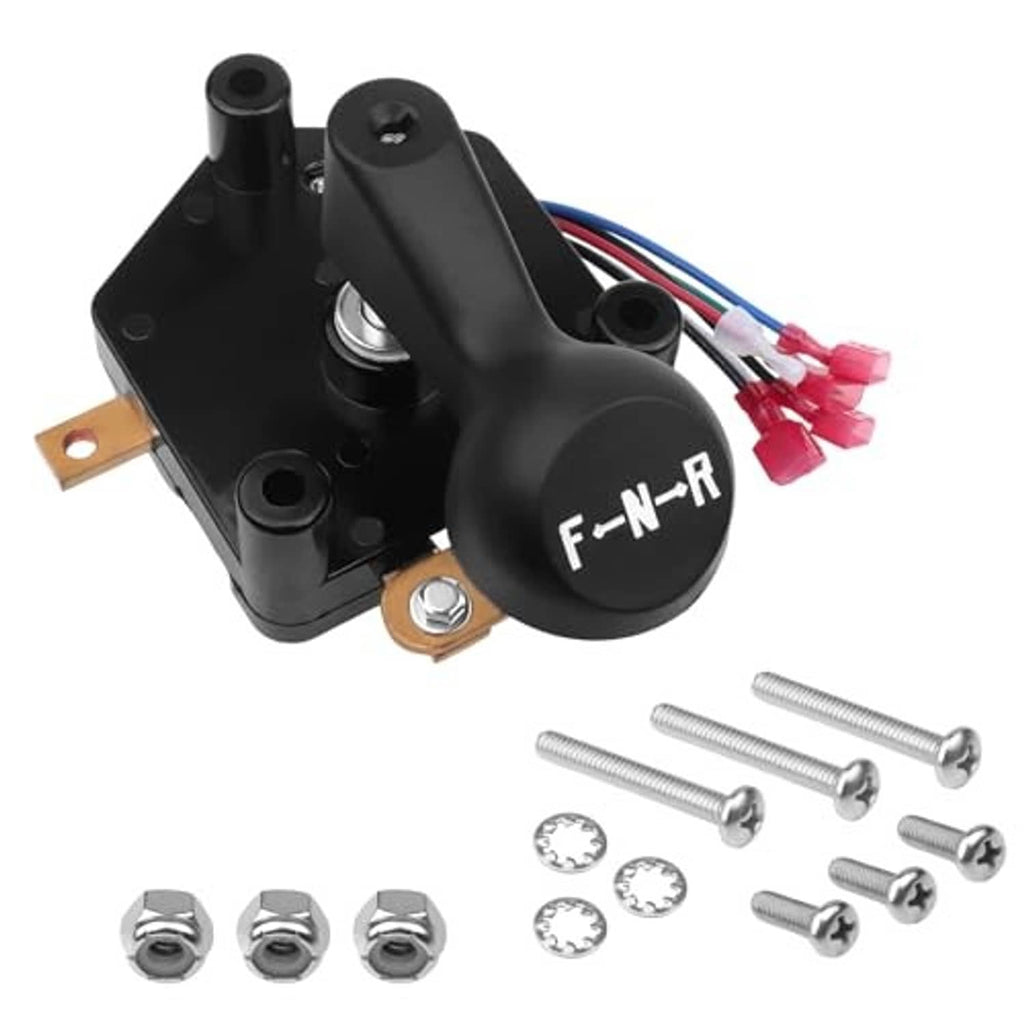Forward/reverse switch assembly with black lever, F-N-R label, and included mounting hardware