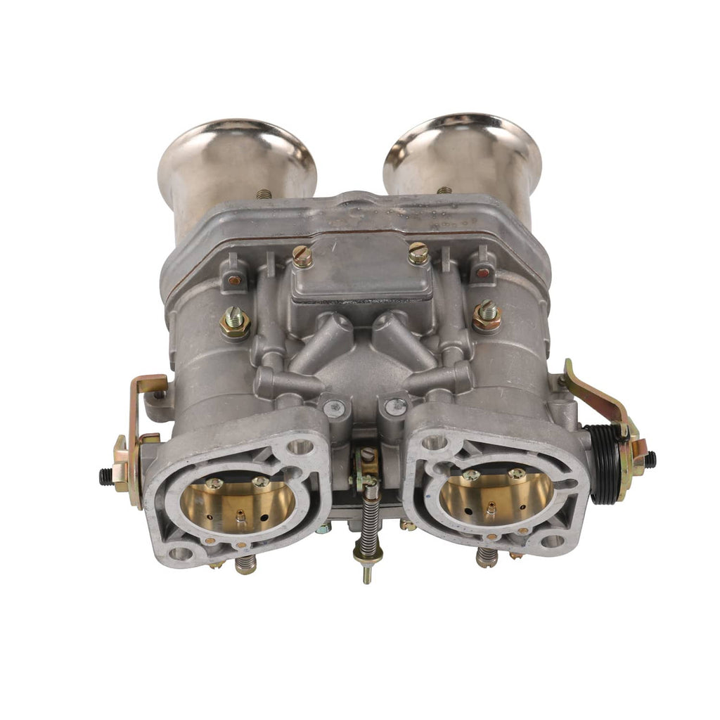 Carburetor engine assembly top view with dual bores and brass fittings