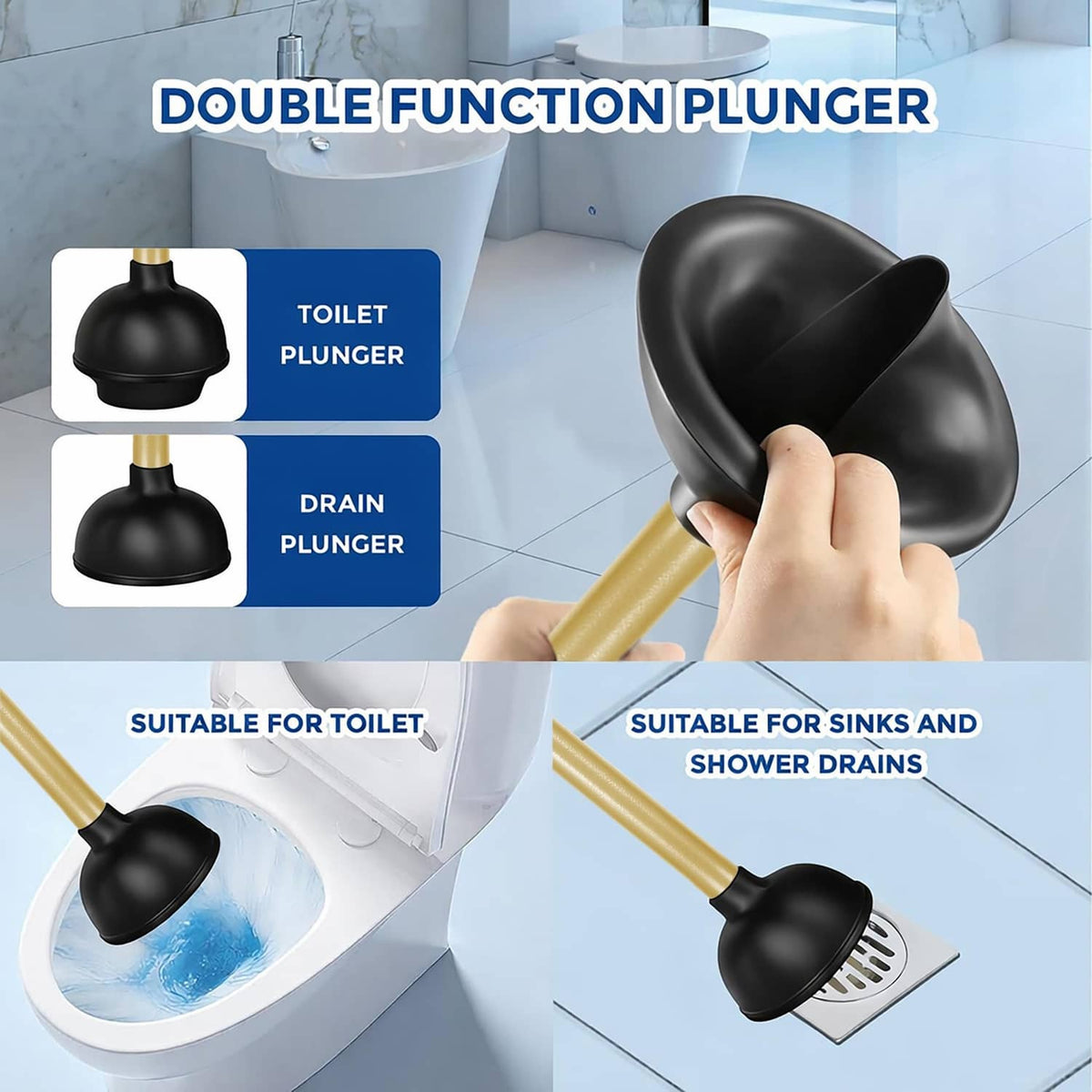 Gold-and-black plunger with dual-purpose black head, held near toilet and drain