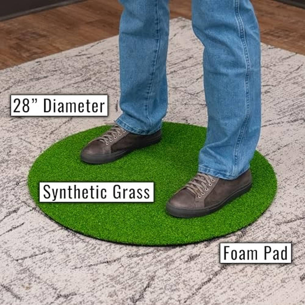 Green synthetic grass practice mat with foam backing, shown with shoes on top