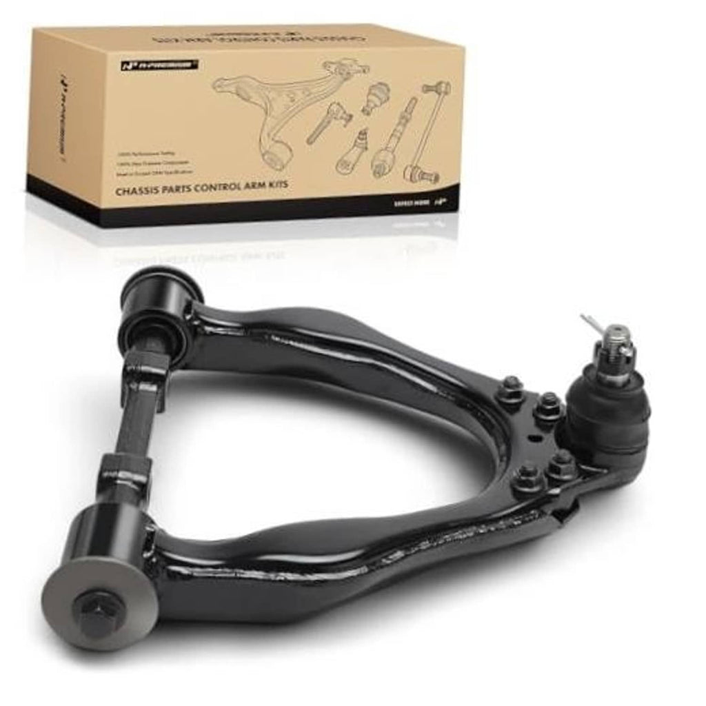 Front left upper control arm with ball joint and bushing, black steel arm