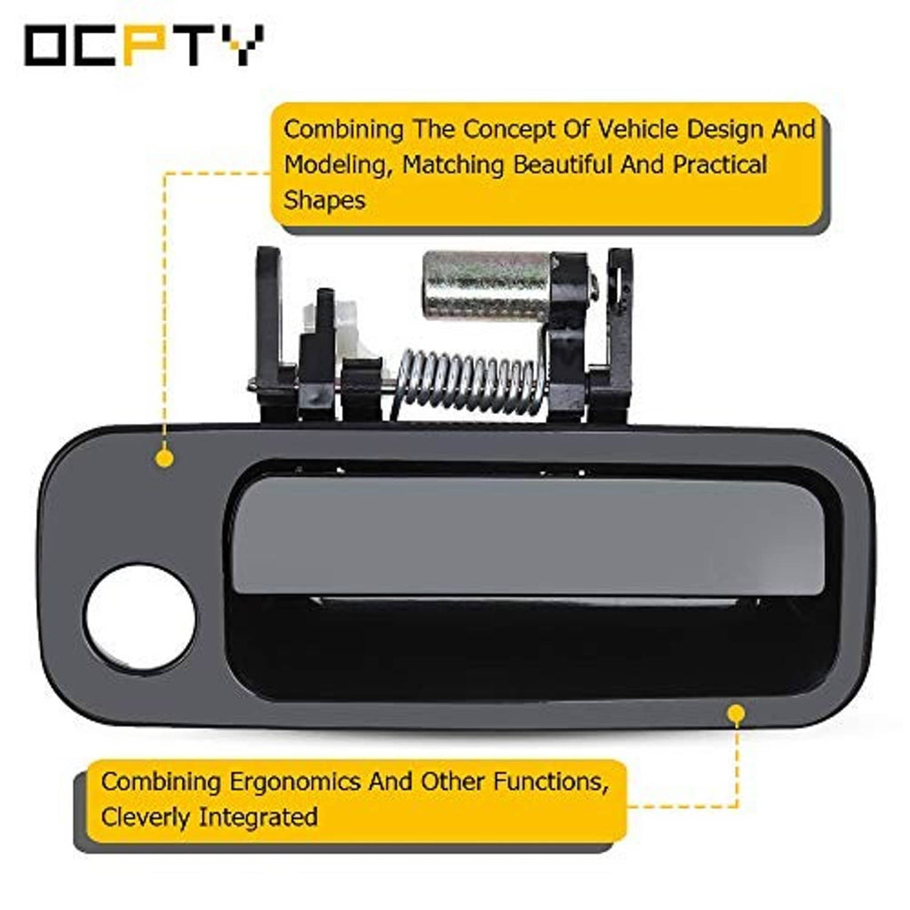 Black exterior door handle with exposed spring, pins, and mounting posts