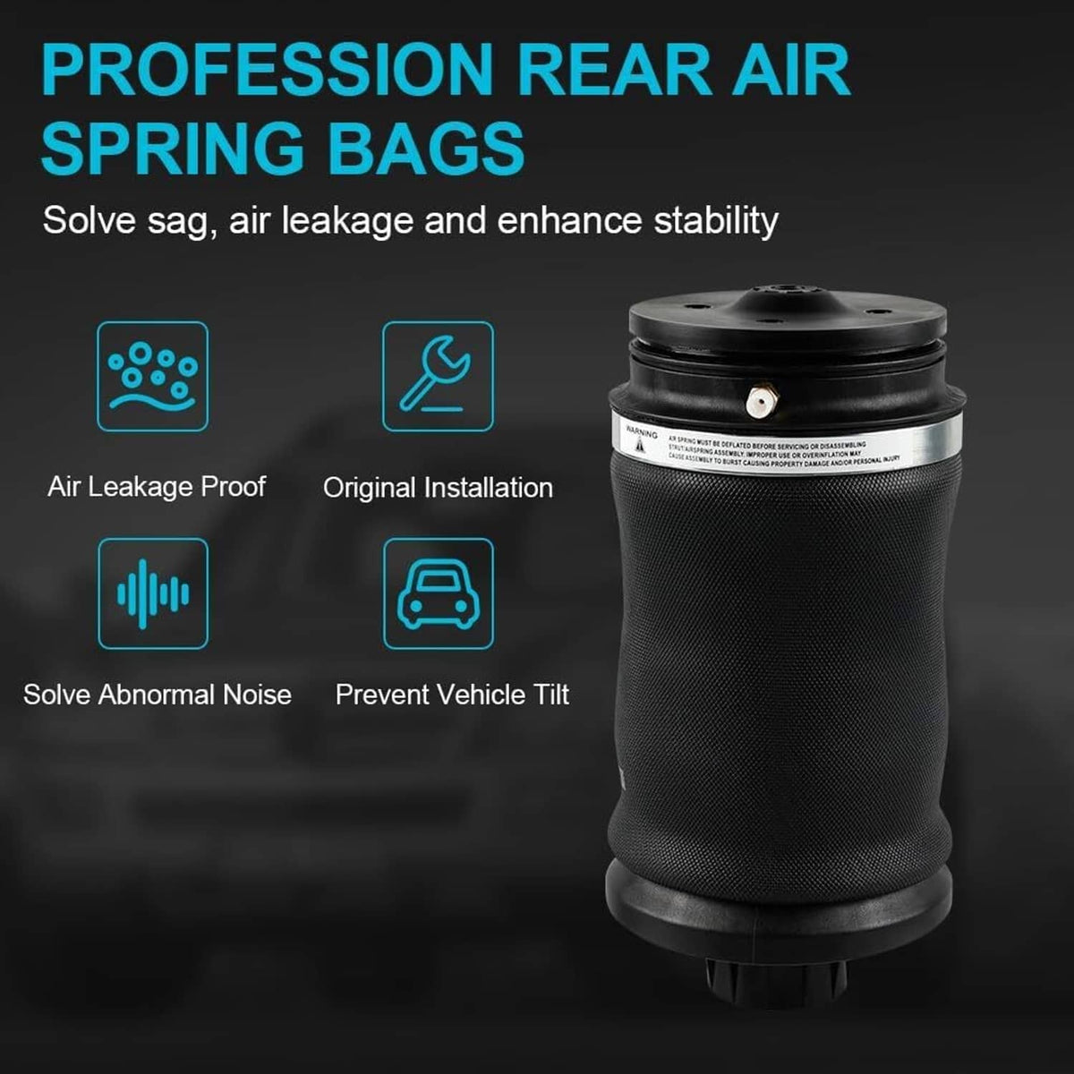 Rear air suspension spring bag with black textured air sleeve and top valve fitting.