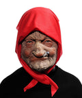 Realistic elderly granny face mask with red hood and lifelike facial details