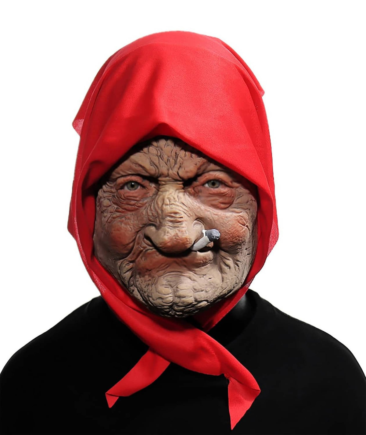 Realistic elderly granny face mask with red hood and lifelike facial details