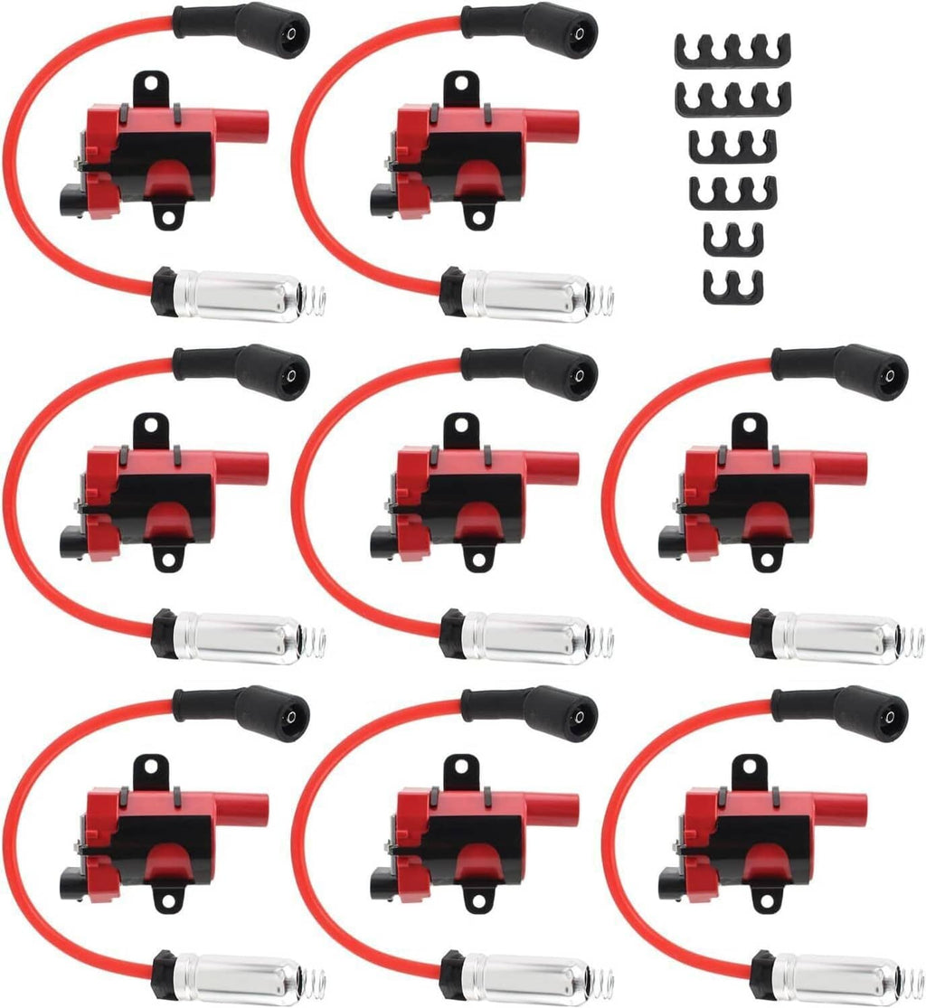 Ignition coil set with red coil housings, black caps, and red spark plug leads.