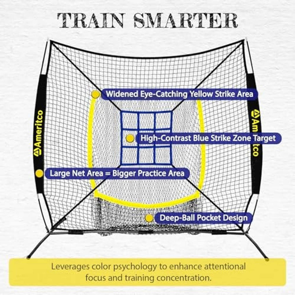 Black strike zone baseball net with highlighted yellow target areas and deep-ball pocket
