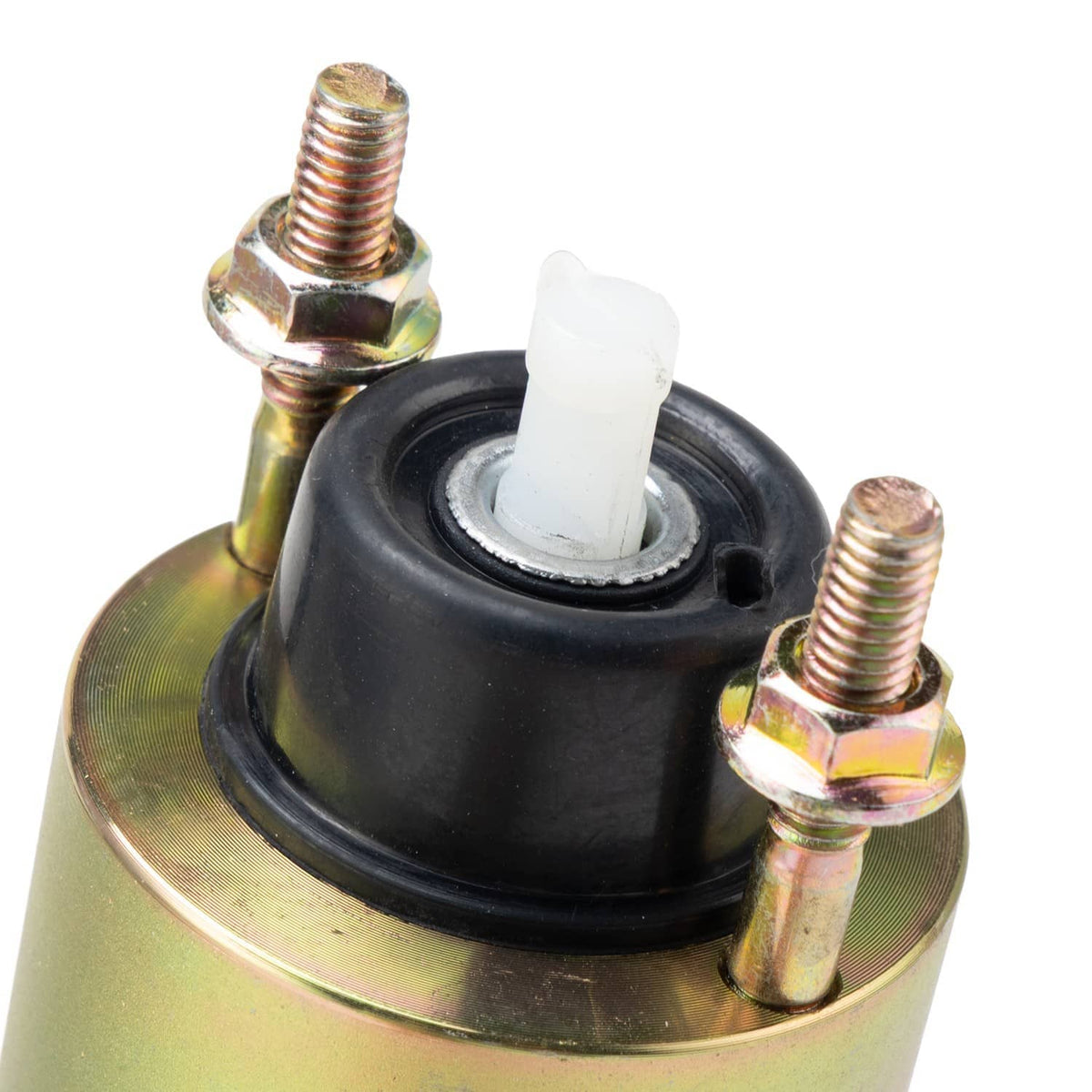 Starter solenoid relay switch side view with white plastic insulator and copper screws